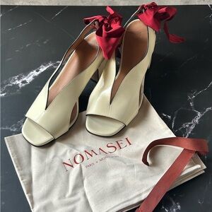 Nomasei Cream Peep-Toe Heels with Red Bow
